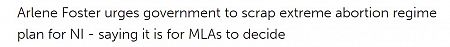 Arlene Foster urges government to scrap extreme abortion regime plan for NI - saying it is for MLAs to decide